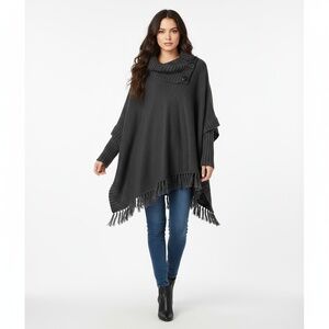 Dark Grey Poncho Sweater Womens Oversized Knit Cowl Neck Fringe Hem Bohemian